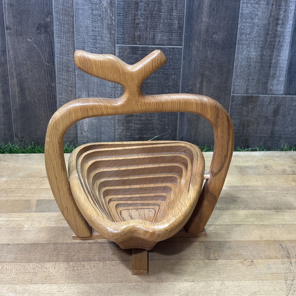 Vintage MCM Wood Apple Collapsible Folding Basket Bowl Mid Century Modern Decor